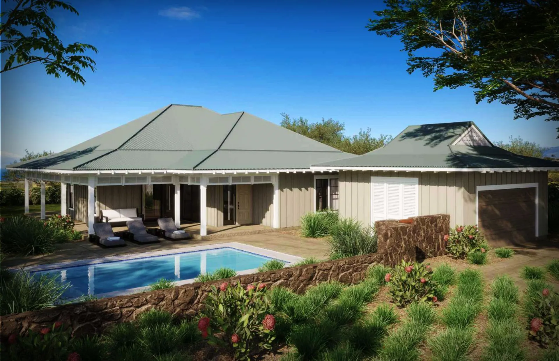 Modern house with pool, surrounded by greenery under a clear blue sky.